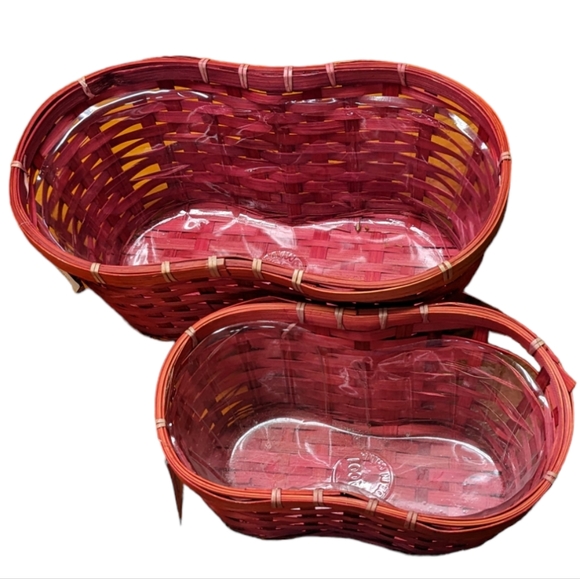 Burton & Burton Red Pink Peanut Shaped Wooden Woven Basket Planters Set of 2 - Picture 3 of 9
